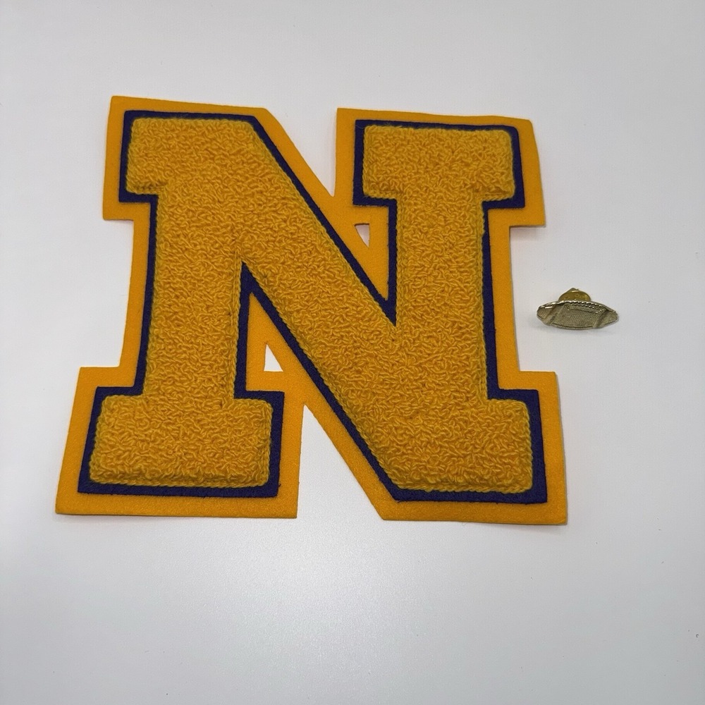 Vintage Varsity Letter N Letterman Jacket Patch Navy Blue Gold Felt Football Pin